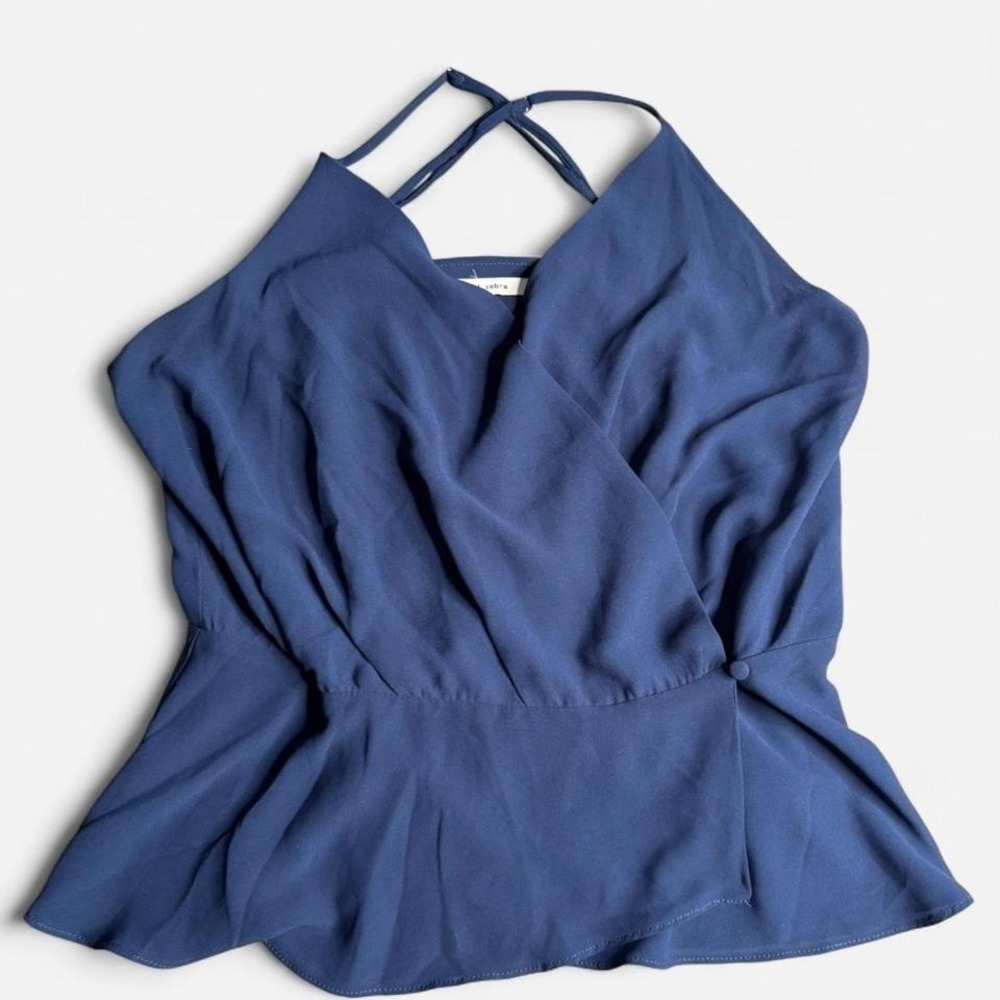 Naked Zebra navy blue wrap sleeveless top with criss cross back, Size Large